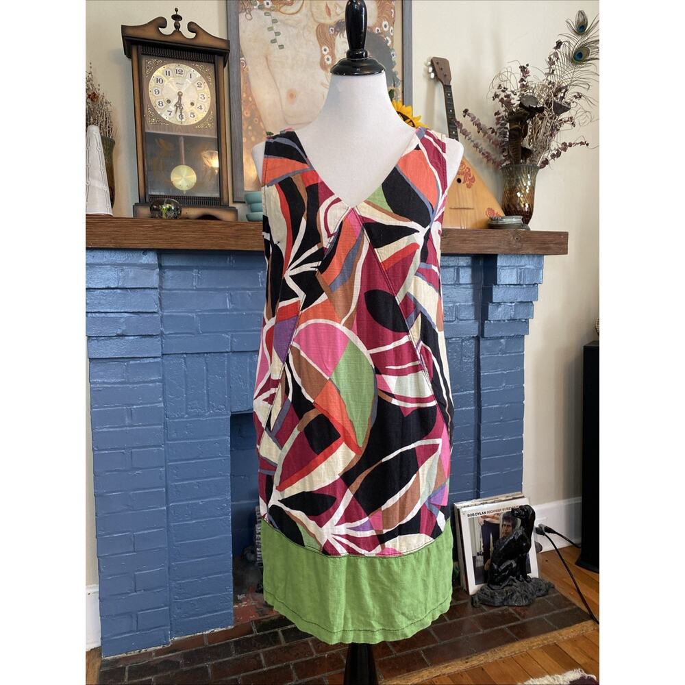 NEXT Tank Sleeveless V Neck Dress LINEN Blend Sz 8 Geometric Y2k Print M Boho